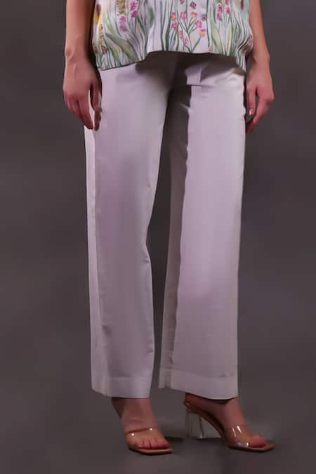 Rahul Singh_Ivory Linen Collared, V-neck Floral Printed Shirt And Trouser Set _Online_at_Aza_Fashions