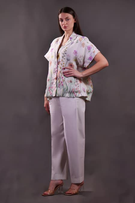 Buy_Rahul Singh_Ivory Linen Collared, V-neck Floral Printed Shirt And Trouser Set _Online_at_Aza_Fashions