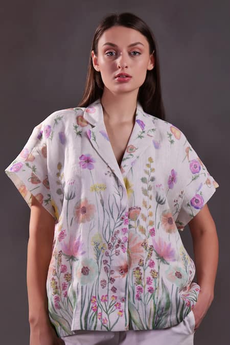 Shop_Rahul Singh_Ivory Linen Collared, V-neck Floral Printed Shirt And Trouser Set _Online_at_Aza_Fashions