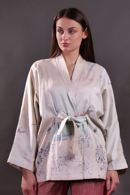 Buy_Rahul Singh_Ivory Silk V-neck Printed Shacket And Trouser Set _Online_at_Aza_Fashions