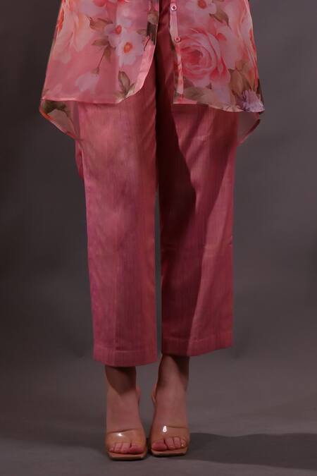 Rahul Singh_Pink Organza Collared Floral Print Shirt Trousers Set _Online_at_Aza_Fashions