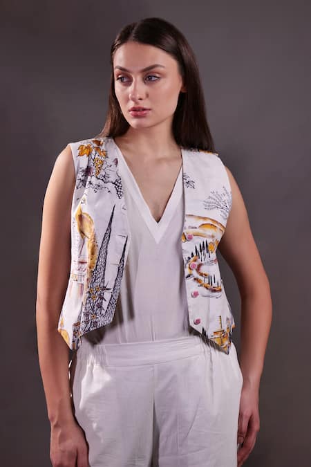 Buy_Rahul Singh_White Cotton V-neck Printed Waistcoat Trouser Set _Online_at_Aza_Fashions