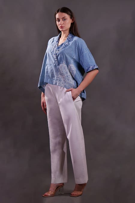 Rahul Singh_Blue Cotton Embroidery V-neck Block Printed Top And Trousers Set _Online_at_Aza_Fashions