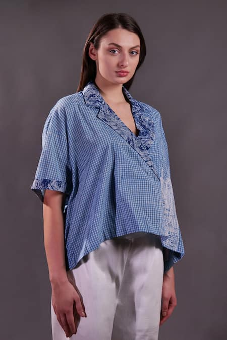 Buy_Rahul Singh_Blue Cotton Embroidery V-neck Block Printed Top And Trousers Set _Online_at_Aza_Fashions