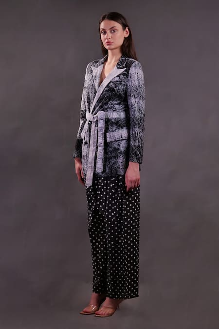 Rahul Singh_Black Cotton Embroidery V-neck, Schiffli Shibori Pattern Shacket Trousers Set _Online_at_Aza_Fashions