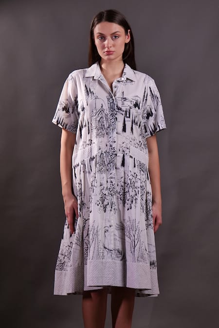 Rahul Singh_Ivory Cotton Embroidery Collared Kantha Hand Midi Dress _Online_at_Aza_Fashions