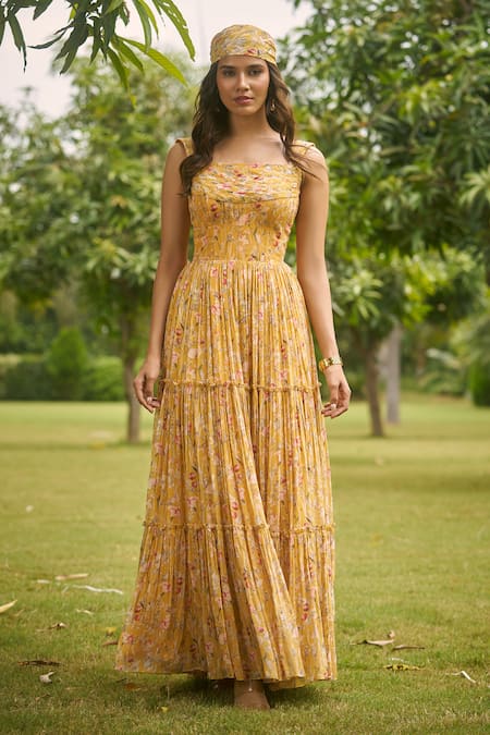 AMRIN KHAN Yellow Floral One Piece Dress 
