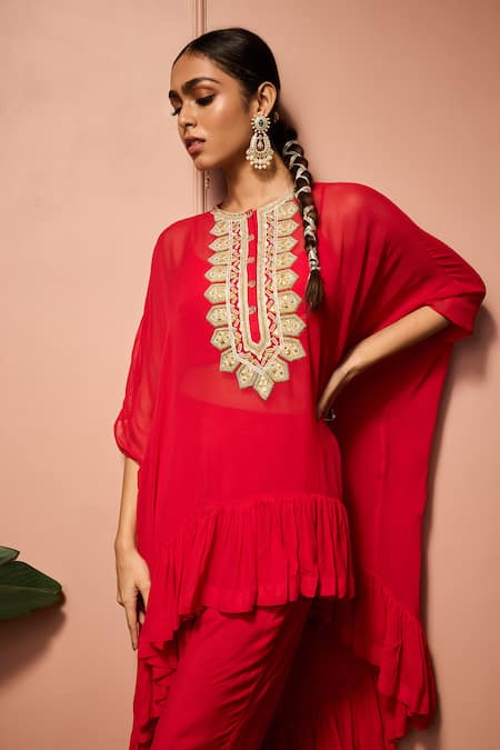 Shop_Neha Mehra_Red Georgette Embroidery, Metallic Thread Round Neck Hand Kaftan And Pant Set _Online_at_Aza_Fashions