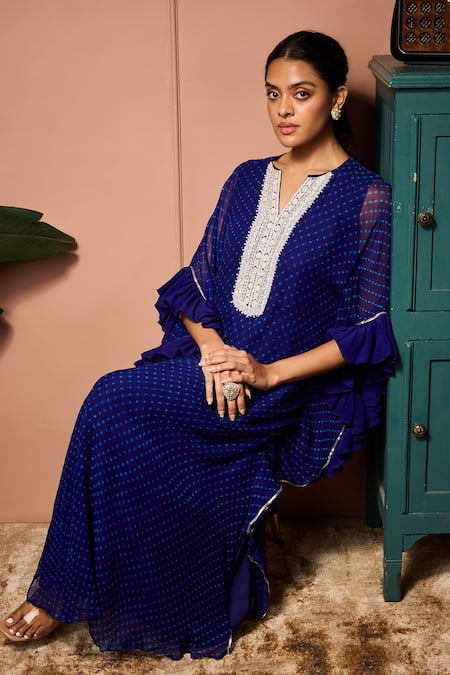 Neha Mehra_Blue Georgette Embroidery, Sequins V-neck Bandhani Hand Kaftan And Skirt Set _Online_at_Aza_Fashions