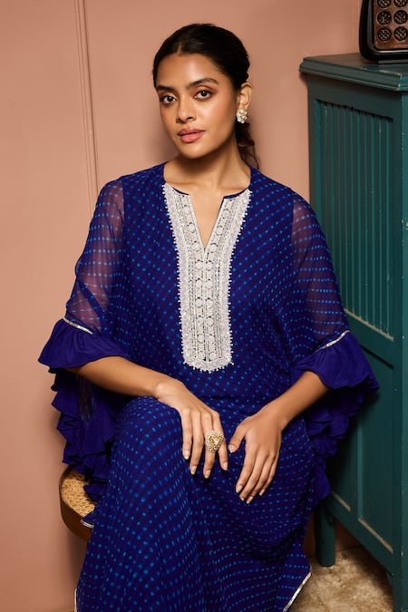 Shop_Neha Mehra_Blue Georgette Embroidery, Sequins V-neck Bandhani Hand Kaftan And Skirt Set _Online_at_Aza_Fashions