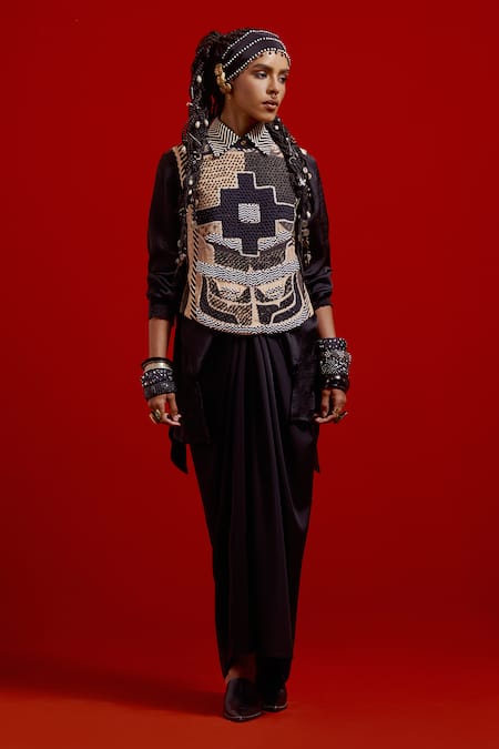 Buy_Aseem Kapoor_Black Cotton, Silk, Twill Beads, Embroidery, Tassels Collared Aara Jacket _Online_at_Aza_Fashions