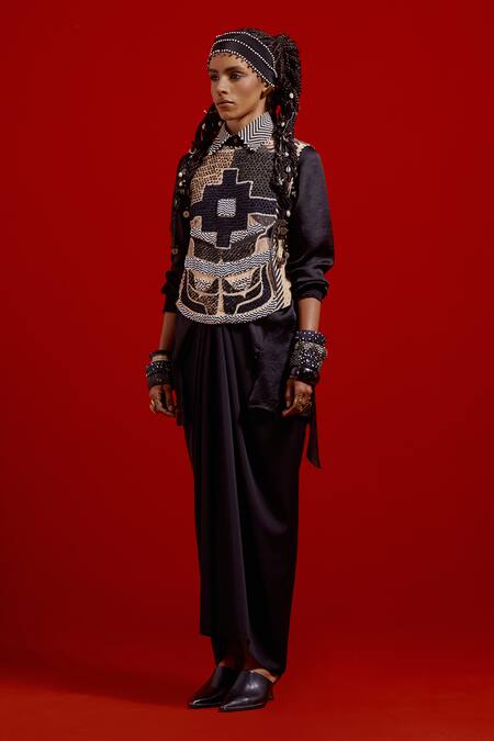 Shop_Aseem Kapoor_Black Cotton, Silk, Twill Beads, Embroidery, Tassels Collared Aara Jacket _Online_at_Aza_Fashions