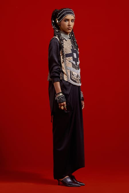 Aseem Kapoor_Black Cotton, Silk, Twill Beads, Embroidery, Tassels Collared Aara Jacket _at_Aza_Fashions