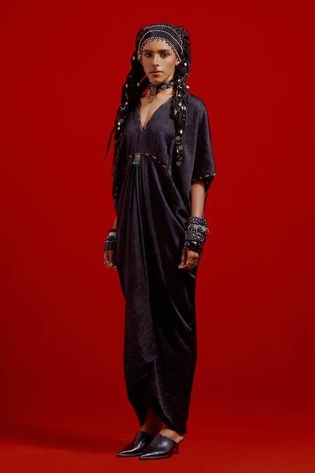 Aseem Kapoor_Black Tussar, Cotton, Silk Embroidery, Beads, Tassels Zuri Gilet With Dress _Online_at_Aza_Fashions