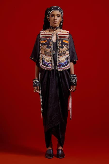 Aseem Kapoor_Cotton, Silk Beads, Embroidery, Tassels Open Neck Zuri Gilet _Online_at_Aza_Fashions