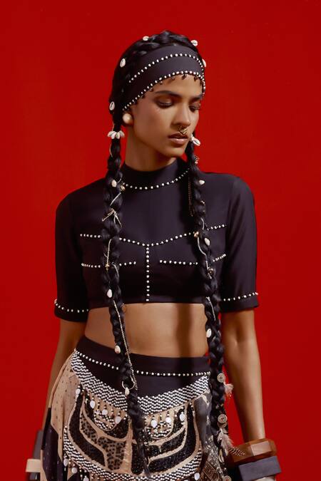 Shop Aseem Kapoor Black Crepe, Silk Beads, Embroidery, Tassels High Neck Areej Blouse Set Online at Aza Fashions Shop_Aseem Kapoor_Black Crepe, Silk Beads, Embroidery, Tassels High Neck Areej Blouse Set _Online_at_Aza_Fashions