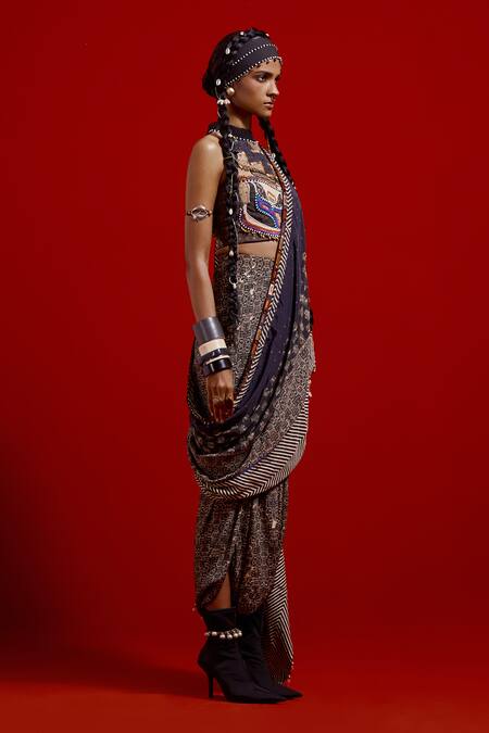 Aseem Kapoor_Black Cotton, Silk, Twill Beads, Tassels High Neck Alya Halter Blouse _Online_at_Aza_Fashions