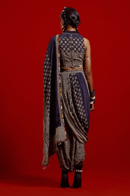 Shop_Aseem Kapoor_Black Cotton, Silk, Twill Beads, Tassels High Neck Alya Halter Blouse _Online_at_Aza_Fashions