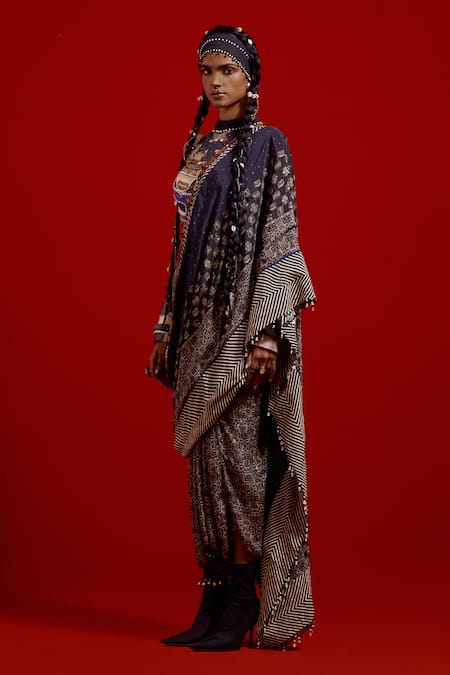 Shop_Aseem Kapoor_Black Cotton, Silk, Twill Beads, Tassels High Neck Alya Halter Blouse 