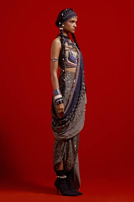 Aseem Kapoor Blue Crepe, Cotton, Silk, Twill Beads, Tassels High Neck Sadhvi Draped Saree Set Online at Aza Fashions Aseem Kapoor_Blue Crepe, Cotton, Silk, Twill Beads, Tassels High Neck Sadhvi Draped Saree Set _Online_at_Aza_Fashions