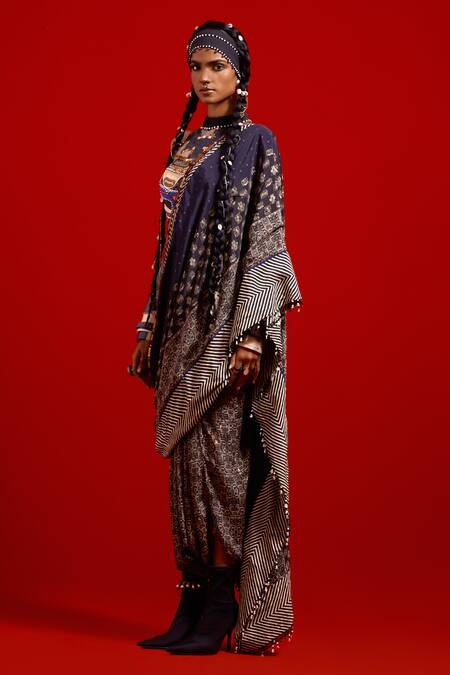 Aseem Kapoor Blue Crepe, Cotton, Silk, Twill Beads, Tassels High Neck Sadhvi Draped Saree Set at Aza Fashions Aseem Kapoor_Blue Crepe, Cotton, Silk, Twill Beads, Tassels High Neck Sadhvi Draped Saree Set _at_Aza_Fashions