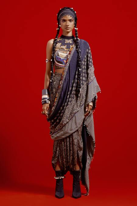 Buy Aseem Kapoor Blue Crepe, Cotton, Silk, Twill Beads, Tassels High Neck Sadhvi Draped Saree Set Buy_Aseem Kapoor_Blue Crepe, Cotton, Silk, Twill Beads, Tassels High Neck Sadhvi Draped Saree Set