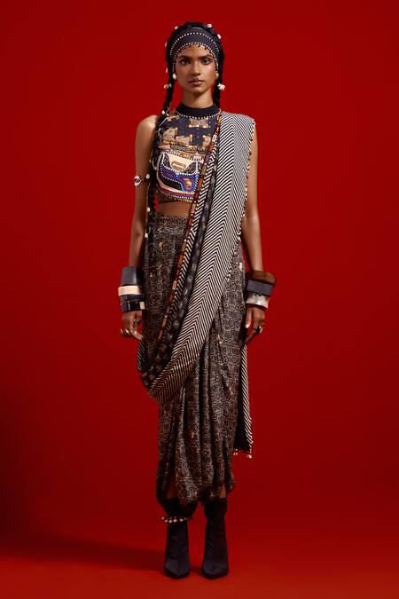 Shop Aseem Kapoor Blue Crepe, Cotton, Silk, Twill Beads, Tassels High Neck Sadhvi Draped Saree Set Shop_Aseem Kapoor_Blue Crepe, Cotton, Silk, Twill Beads, Tassels High Neck Sadhvi Draped Saree Set