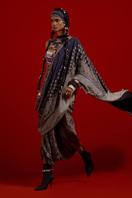 Aseem Kapoor_Navy Crepe Beads, Embroidery, Tassels Sadhvi Printed Pre-draped Saree _Online_at_Aza_Fashions