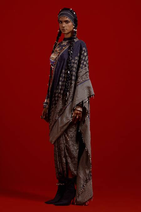 Buy_Aseem Kapoor_Navy Crepe Beads, Embroidery, Tassels Sadhvi Printed Pre-draped Saree _Online_at_Aza_Fashions