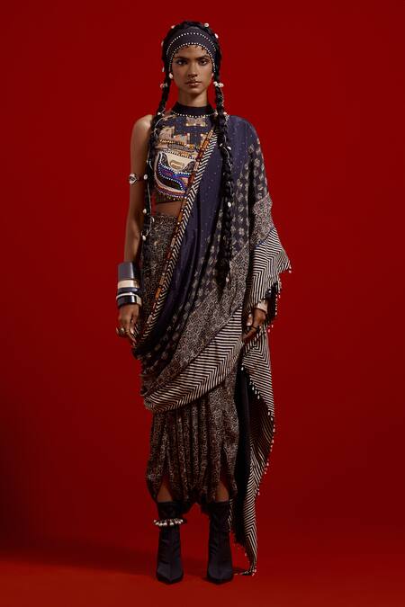 Shop_Aseem Kapoor_Navy Crepe Beads, Embroidery, Tassels Sadhvi Printed Pre-draped Saree _Online_at_Aza_Fashions