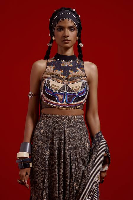 Buy_Aseem Kapoor_Navy Crepe Beads, Embroidery, Tassels Sadhvi Printed Pre-draped Saree 