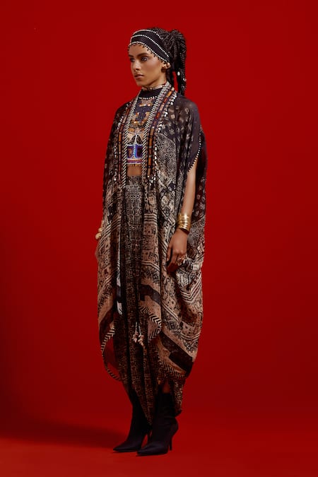 Shop_Aseem Kapoor_Black Silk, Cotton, Crepe Tassels, Beads, Embroidery Open Neck, Ritu Jacket Set _Online_at_Aza_Fashions