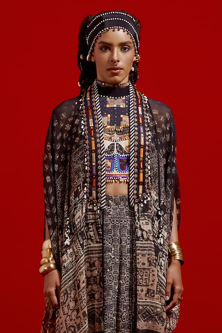 Shop_Aseem Kapoor_Black Silk, Cotton, Crepe Tassels, Beads, Embroidery Open Neck, Ritu Jacket Set 