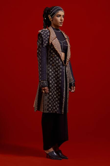 Shop_Aseem Kapoor_Blue Twill Embroidery, Beads, Tassels Hina Trench Coat _Online_at_Aza_Fashions