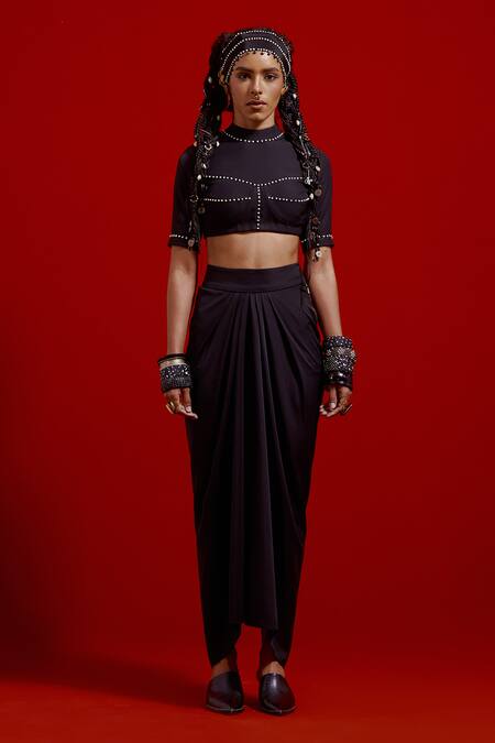 Buy_Aseem Kapoor_Black Beads, Tassels High Neck Hina Draped Skirt Set _Online_at_Aza_Fashions