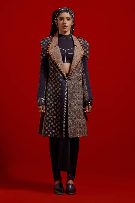 Aseem Kapoor_Black Beads, Tassels High Neck Hina Draped Skirt Set _at_Aza_Fashions