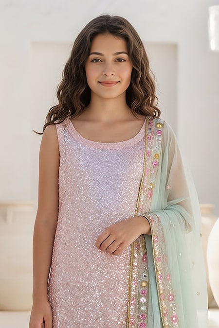 Fayon Kids_Peach Georgette Sequins, Mirrors, Embroidery, Zari Kurta Sharara Set _Online_at_Aza_Fashions