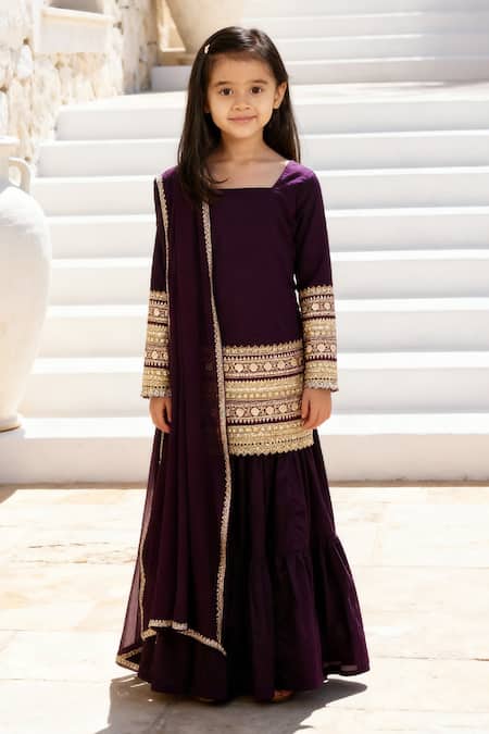 Fayon Kids Embroidered Velvet Kurta Sharara Set 
