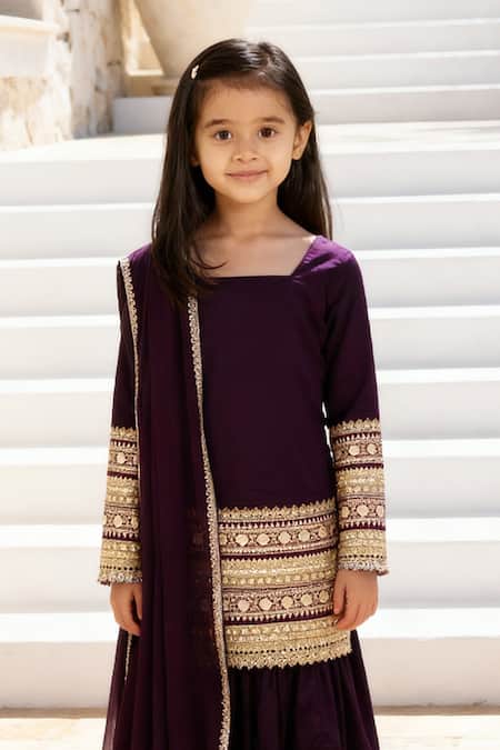 Fayon Kids Wine Velvet, Georgette Embroidery, Zari Kurta Sharara Set Online at Aza Fashions Fayon Kids_Wine Velvet, Georgette Embroidery, Zari Kurta Sharara Set _Online_at_Aza_Fashions