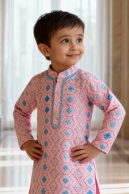 Fayon Kids_Pink Georgette, Cotton Embroidery, Mirrors Geometric Kurta Set _Online_at_Aza_Fashions