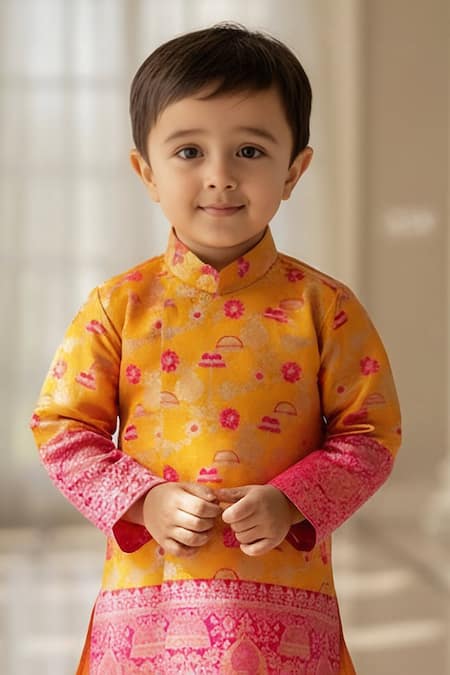 Fayon Kids_Orange Brocade, Cotton Floral Woven Kurta Set _Online_at_Aza_Fashions