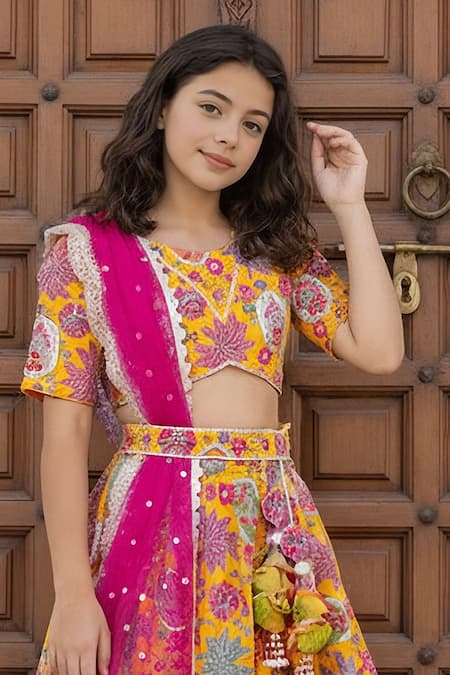 Fayon Kids_Yellow Cotton, Net Tassels, Sequins, Pom-poms Printed Lehenga Blouse Set _Online_at_Aza_Fashions