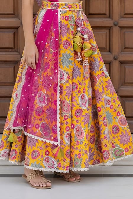 Buy_Fayon Kids_Yellow Cotton, Net Tassels, Sequins, Pom-poms Printed Lehenga Blouse Set _Online_at_Aza_Fashions