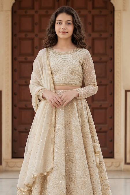 Fayon Kids_Gold Dupion Embroidery, Sequins Lehenga Blouse Set _Online_at_Aza_Fashions