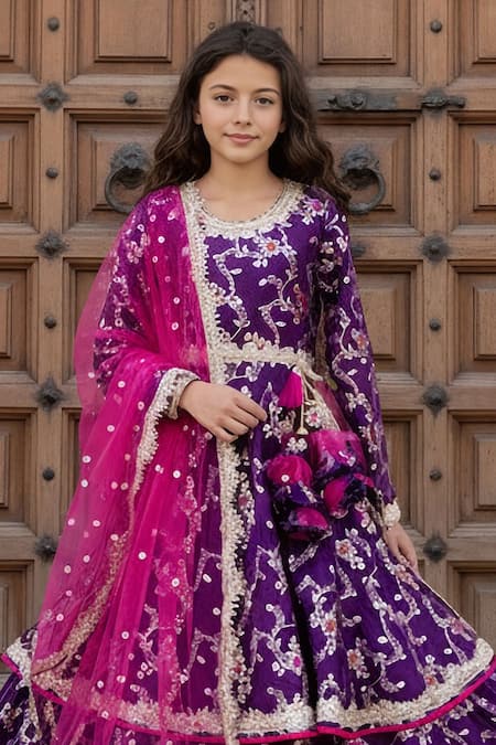 Fayon Kids Purple Brocade, Net Embroidery, Sequins, Tassels Anarkali With Dupatta Online at Aza Fashions Fayon Kids_Purple Brocade, Net Embroidery, Sequins, Tassels Anarkali With Dupatta _Online_at_Aza_Fashions