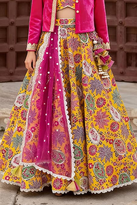Fayon Kids_Yellow Cotton, Velvet, Net Sequins, Lace, Floral Print Lehenga Set With Jacket _Online_at_Aza_Fashions