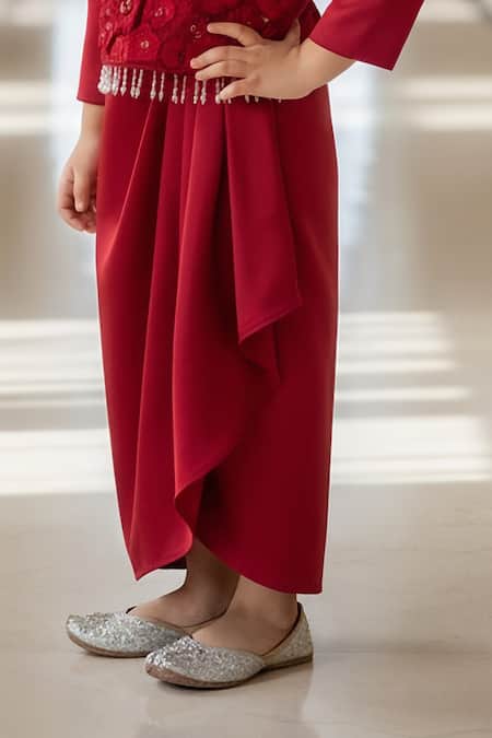 Fayon Kids_Red Net, Satin Sequins, Beads, Embellished Cropped Top And Dhoti Skirt Set _Online_at_Aza_Fashions