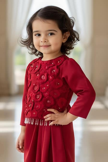 Buy_Fayon Kids_Red Net, Satin Sequins, Beads, Embellished Cropped Top And Dhoti Skirt Set _Online_at_Aza_Fashions