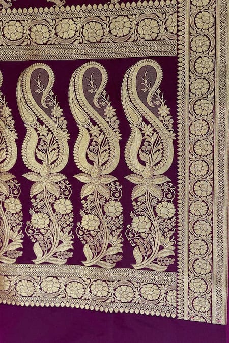 Buy_Naaritva India_Wine Silk Zari, Embroidery Floral Woven Saree With Running Blouse _Online_at_Aza_Fashions