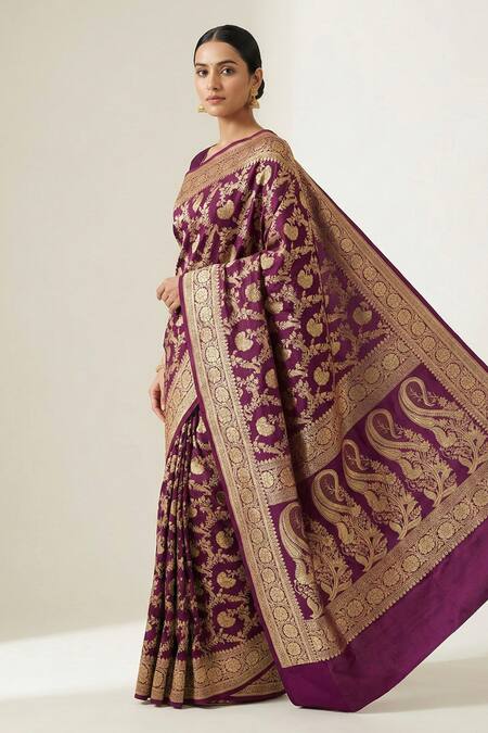 Shop Naaritva India Wine Silk Zari, Embroidery Floral Woven Saree With Running Blouse Shop_Naaritva India_Wine Silk Zari, Embroidery Floral Woven Saree With Running Blouse